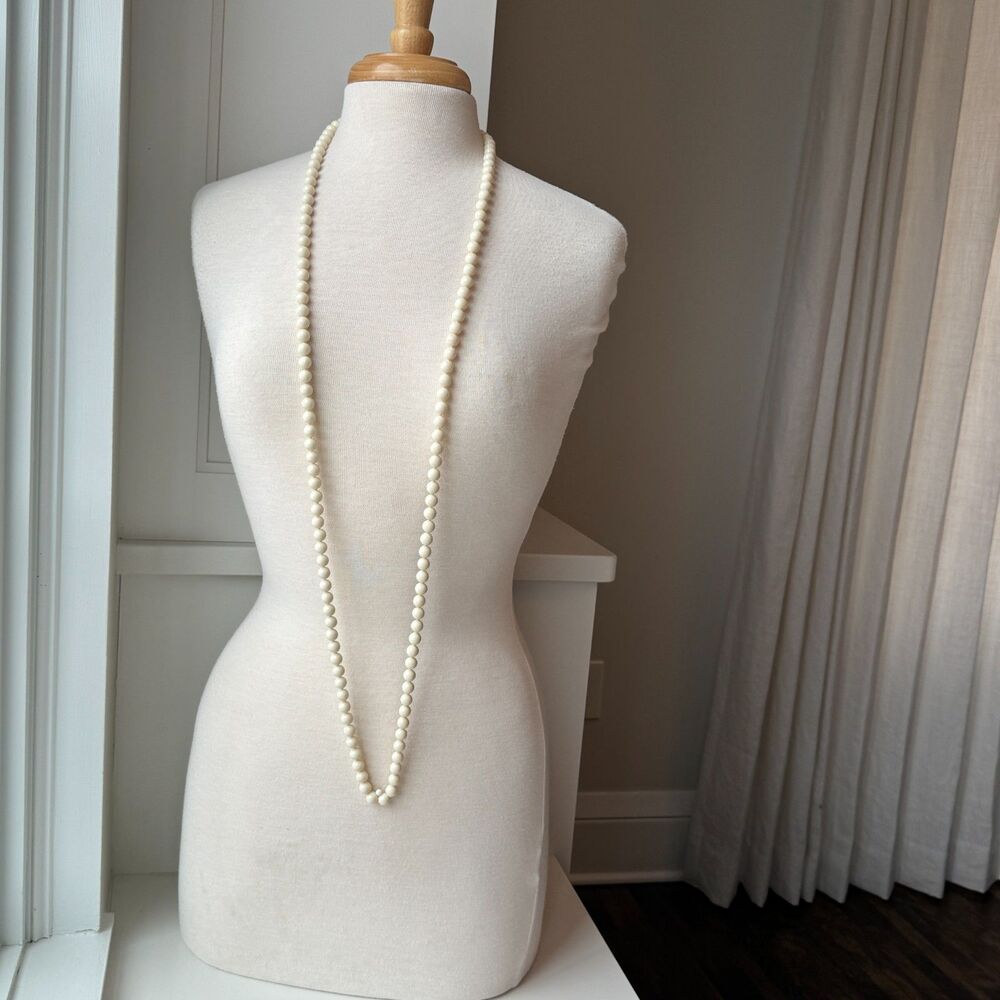 Extra Long Vintage Faux Pearl White Beaded Necklace